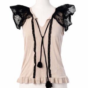 Red Valentino Knit V Neck Lace Shoulder Top With Tie